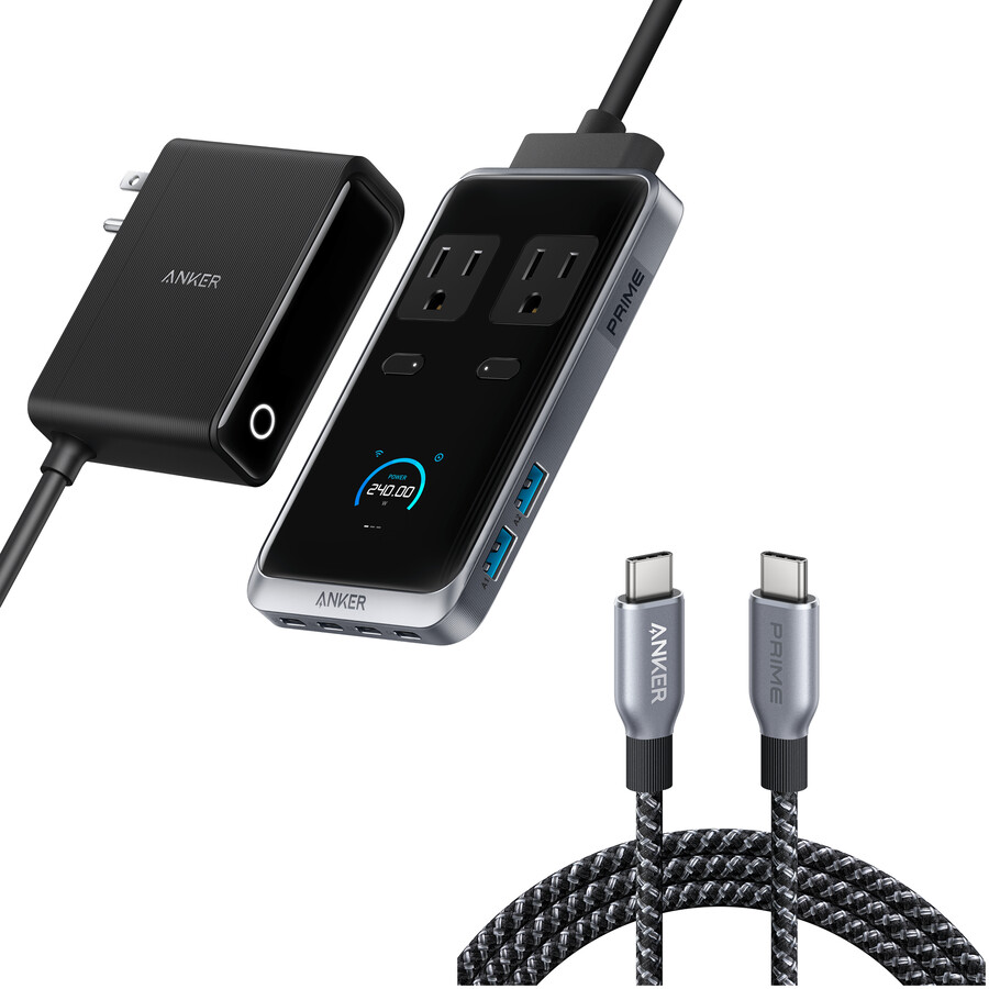 anker prime laadstation 8-in-1 240w en anker prime usb-c naar usb-c kabel 240w gevlochten kabel van gerecycled materiaal
