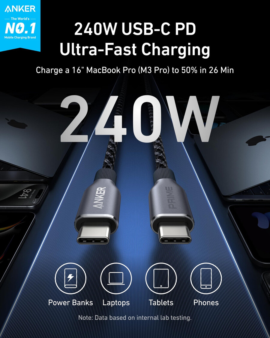 anker prime laadstation 8-in-1 240w en anker prime usb-c naar usb-c kabel 240w gevlochten kabel van gerecycled materiaal