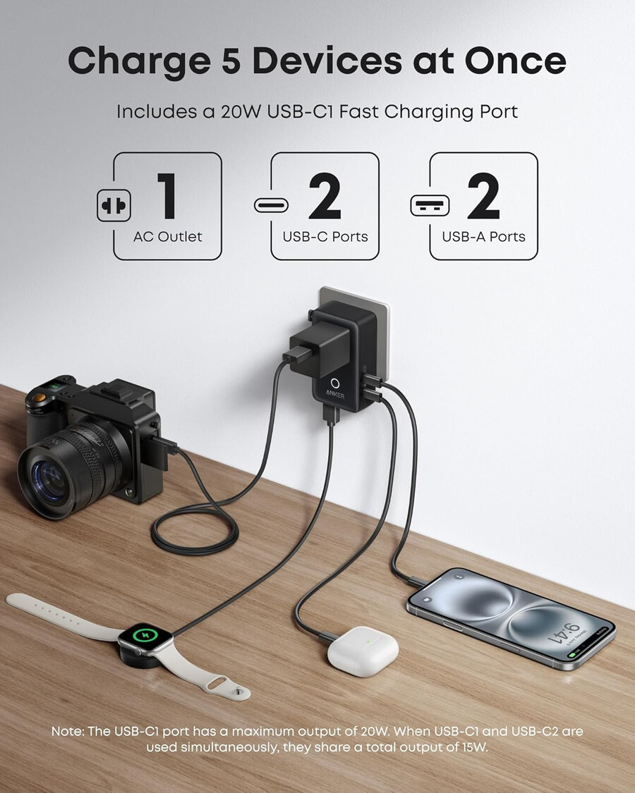 anker nano reisadapter 5-in-1 20w 1 stuk en anker nano oplader 45w met usb-c naar usb-c kabel