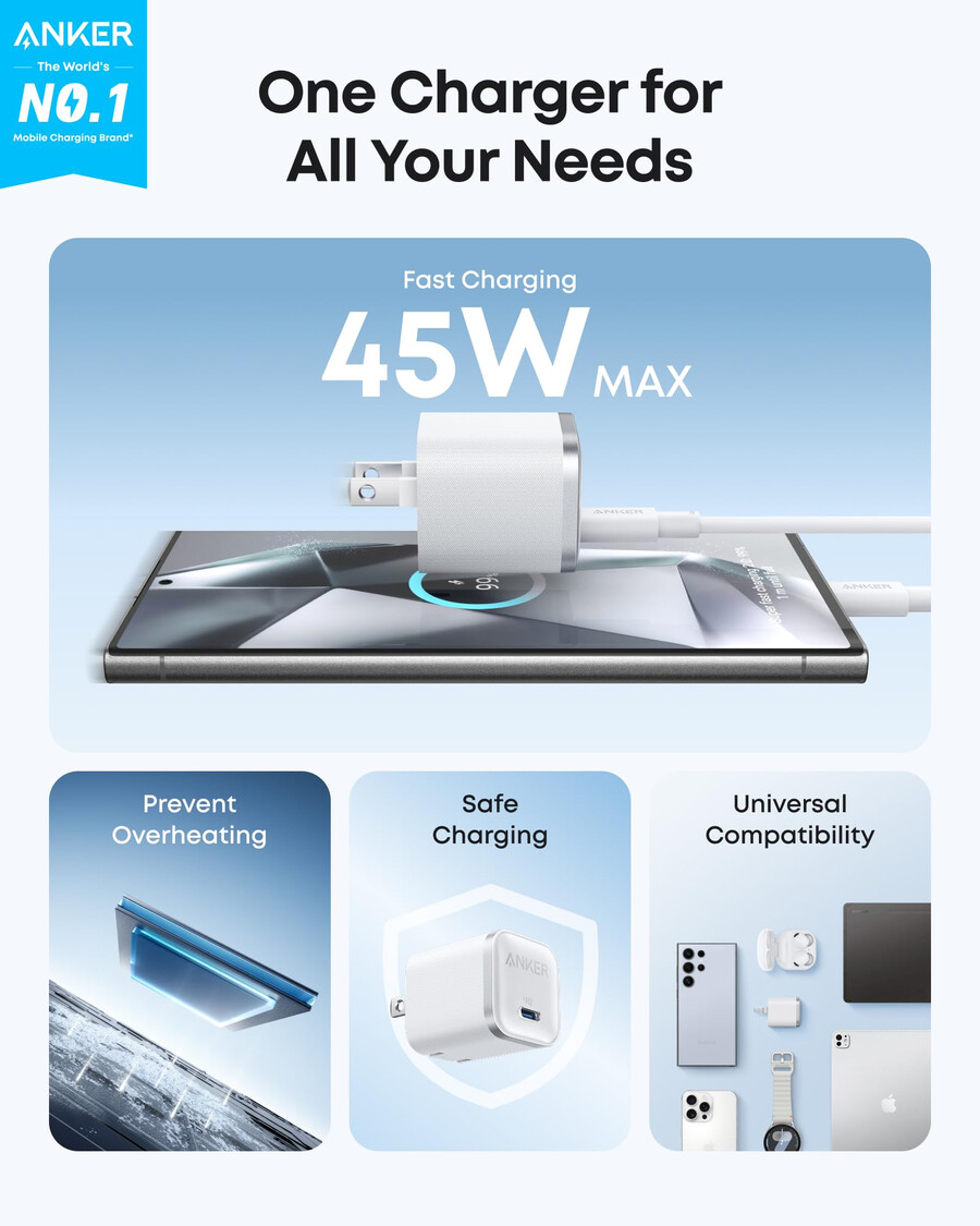 anker nano reisadapter 5-in-1 20w 1 stuk en anker nano oplader 45w met usb-c naar usb-c kabel
