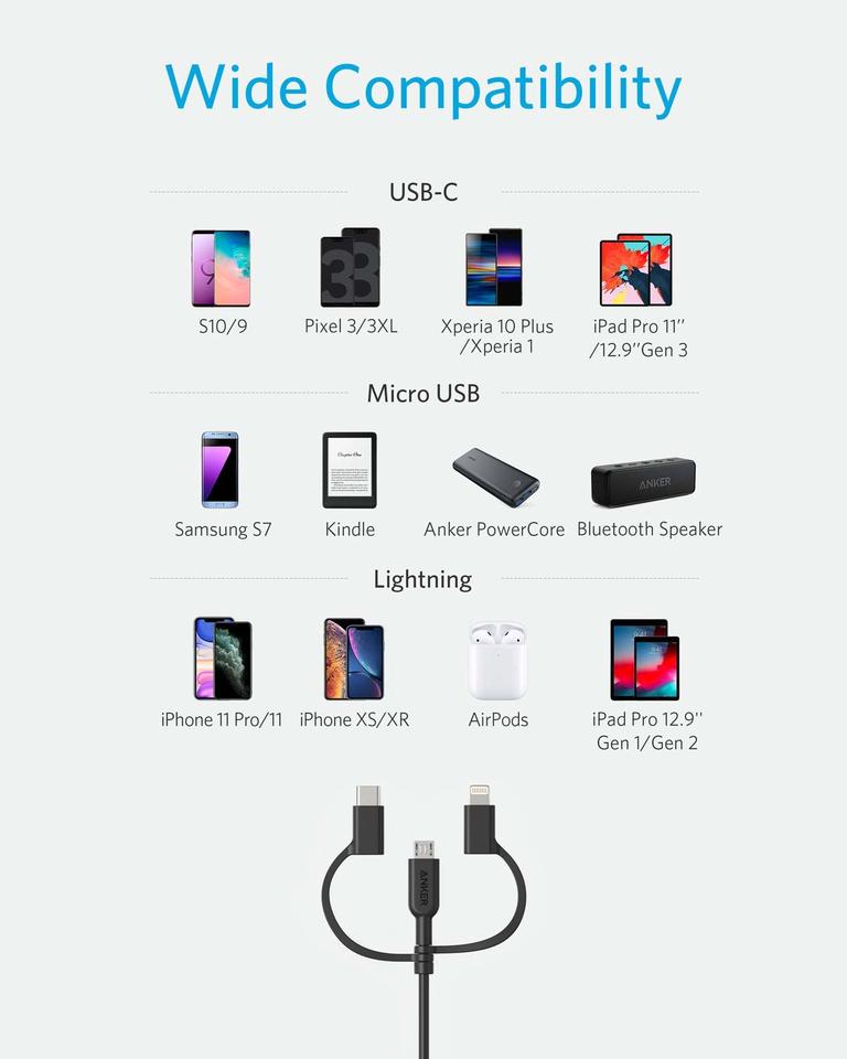 anker 321 usb-a naar lightning-kabel 90 cm 3-in-1