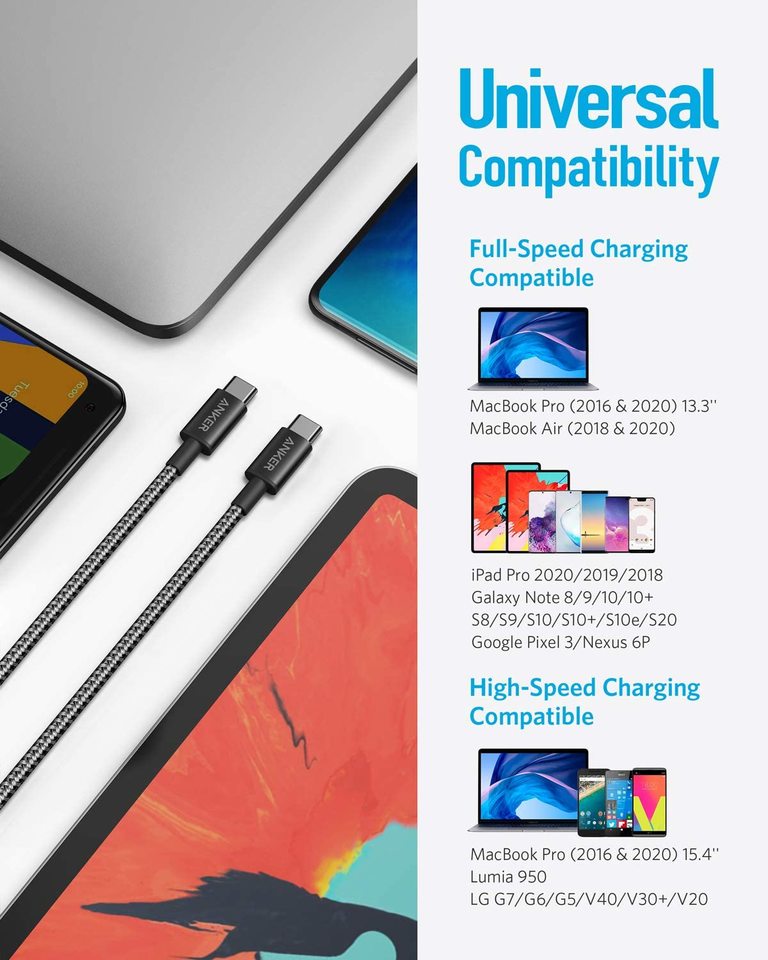 set van 2 anker nieuwe nylon usb-c naar usb-c kabels 90 cm 180 cm 60w