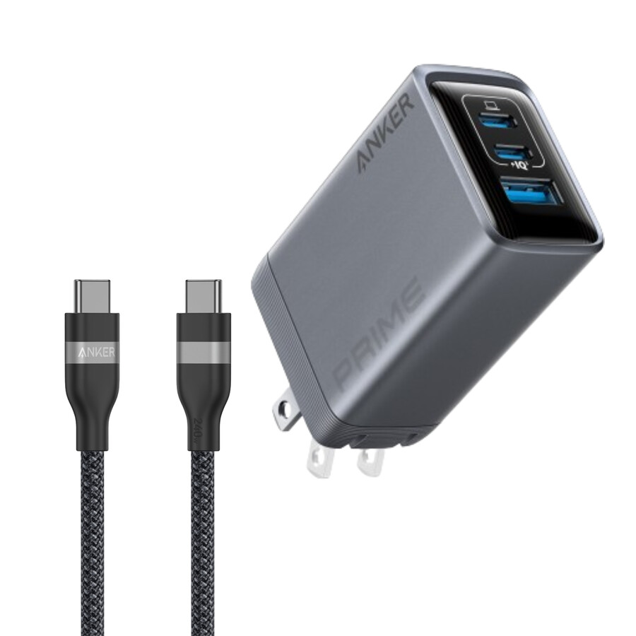 anker prime-oplader 100w 3 poorten gan en anker usb-c naar usb-c-kabel 90 cm 180 cm 240w gevlochten gerecycled materiaal