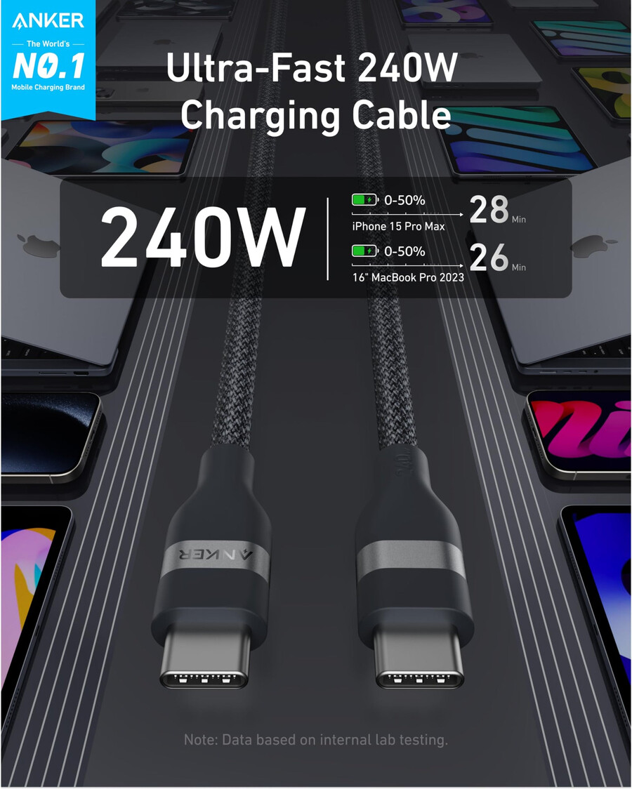 anker prime-oplader 100w 3 poorten gan en anker usb-c naar usb-c-kabel 90 cm 180 cm 240w gevlochten gerecycled materiaal