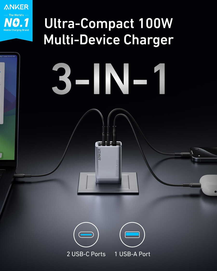 anker prime-oplader 100w 3 poorten gan en anker prime usb-c naar usb-c-kabel 240w gerecycled gevlochten