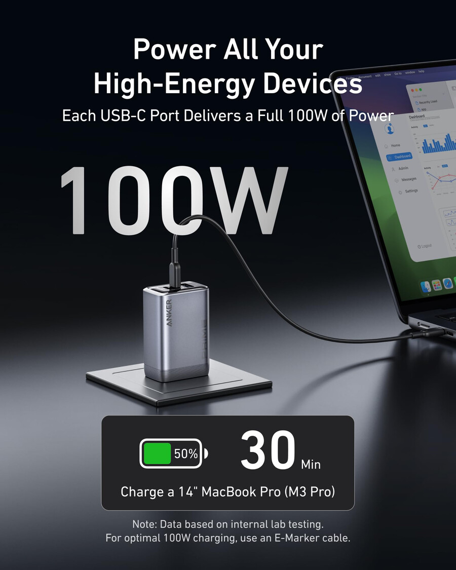 anker prime-oplader 100w 3 poorten gan en anker prime usb-c naar usb-c-kabel 240w gerecycled gevlochten
