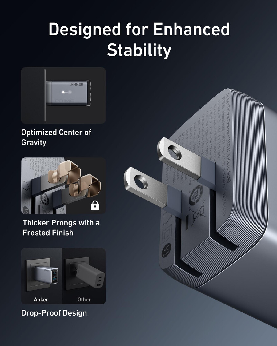 anker prime-oplader 100w 3 poorten gan en anker prime usb-c naar usb-c-kabel 240w gerecycled gevlochten