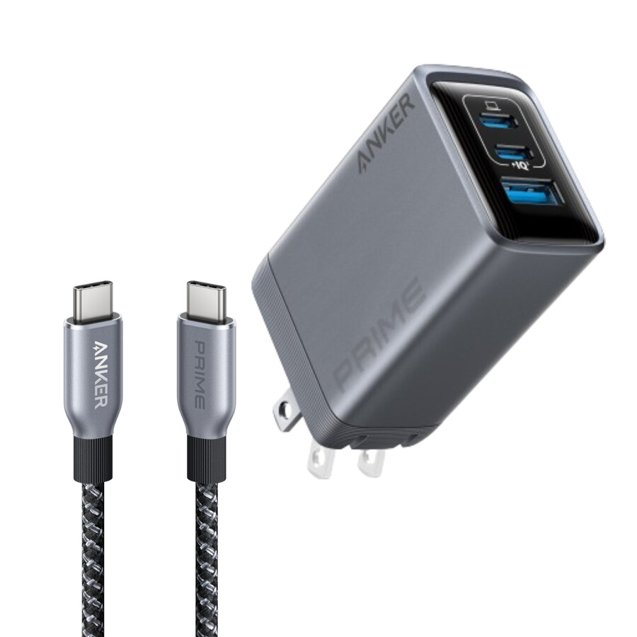 anker prime-oplader 100w 3 poorten gan en anker prime usb-c naar usb-c-kabel 240w gerecycled gevlochten