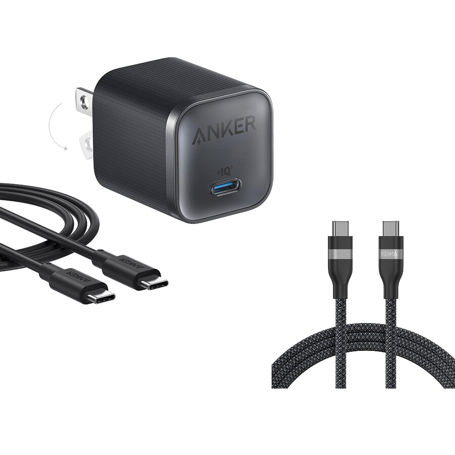 anker nano-oplader 45w met usb-c naar usb-c-kabel en anker usb-c naar usb-c-kabel 18 meter 240w gevlochten gerecycled materiaal