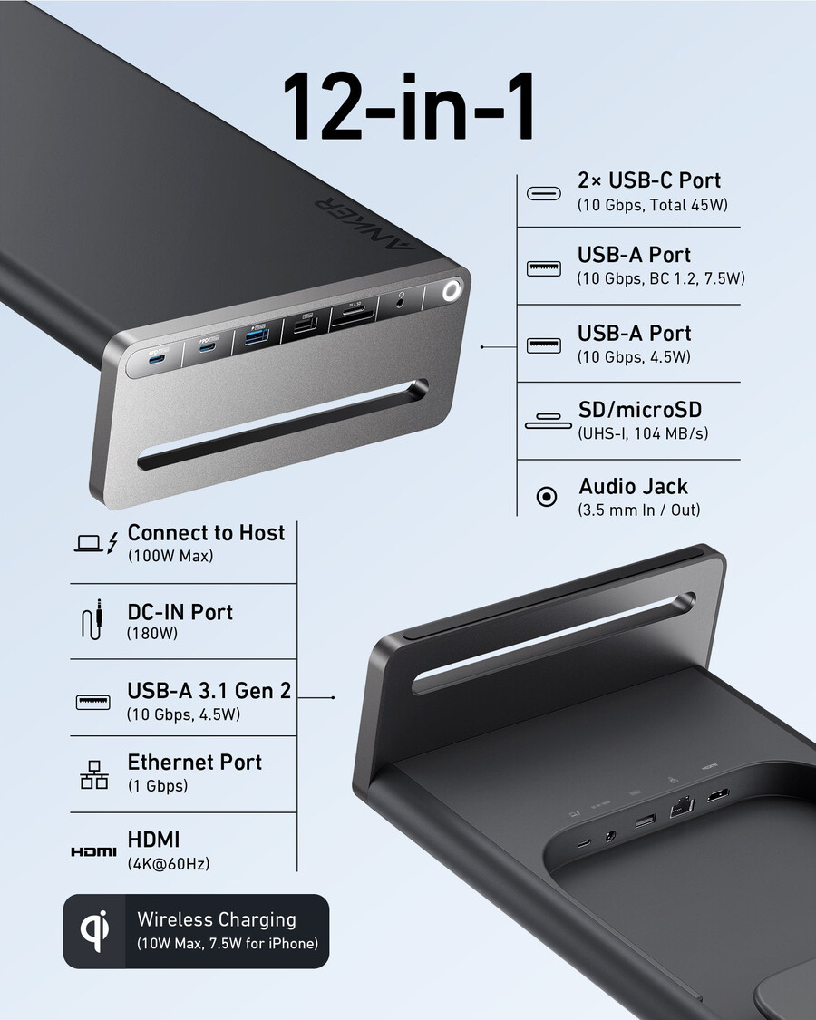 anker 675 usb-c dockingstation 12-in-1 monitorstandaard draadloos
