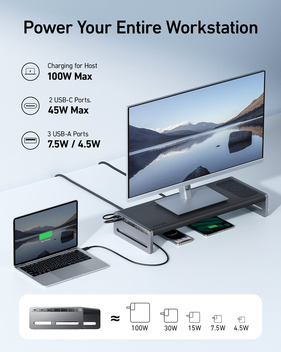 anker 675 usb-c dockingstation 12-in-1 monitorstandaard draadloos