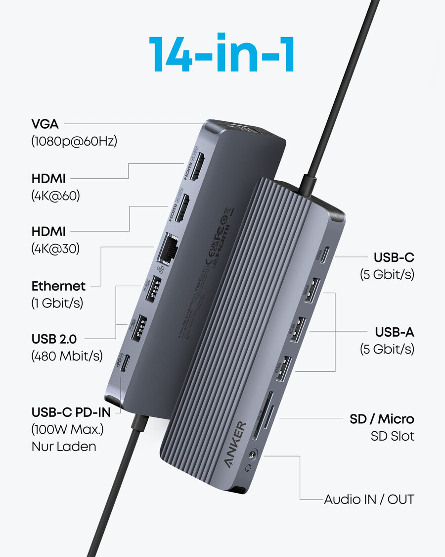 anker usb-c hub 14-in-1 drie beeldschermen