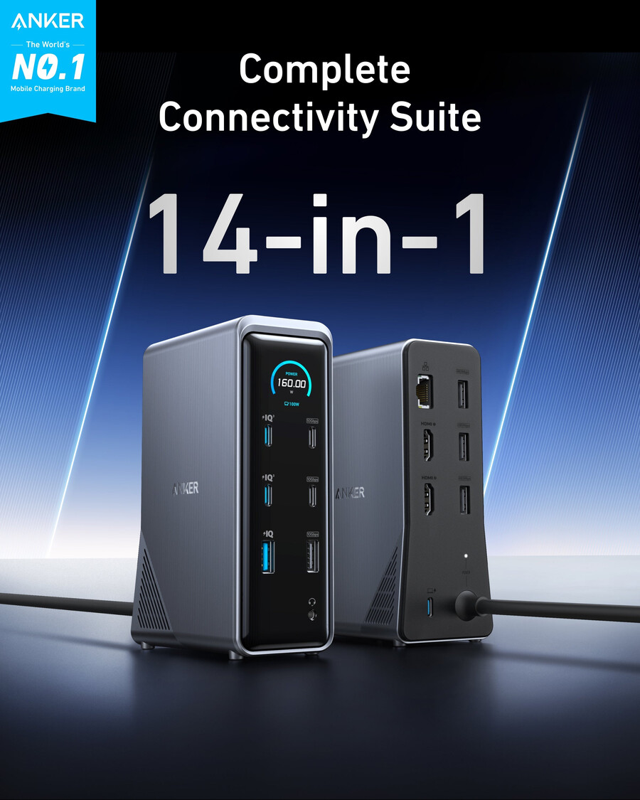 anker prime oplaaddockingstation 14-in-1 dubbel scherm 160w