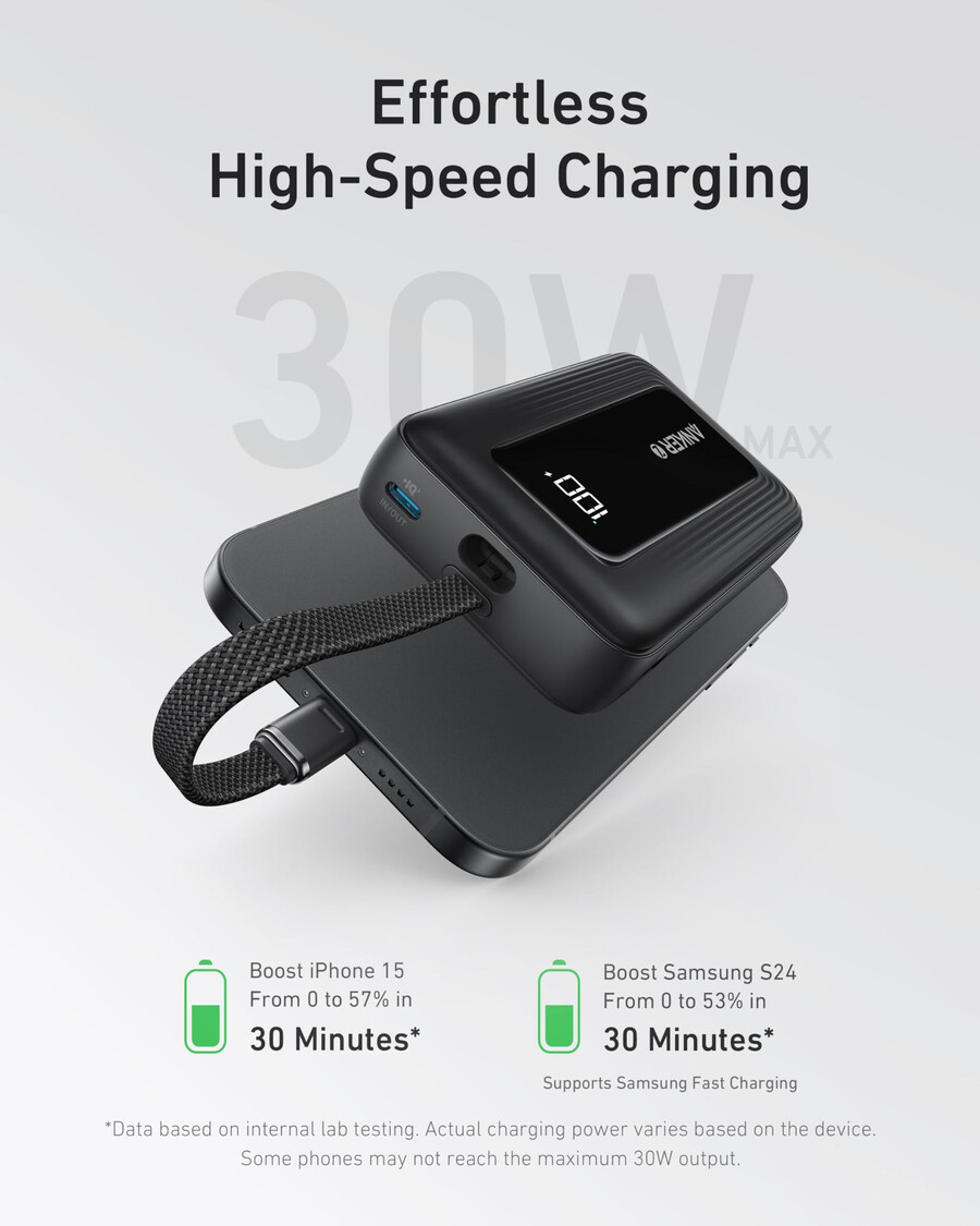 anker zolo power bank 10k 30w met een ingebouwde usb-c-kabel van 137 cm.