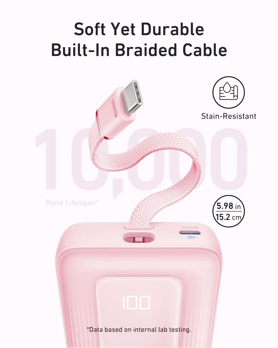anker zolo power bank 10k 30w met een ingebouwde usb-c-kabel van 137 cm.