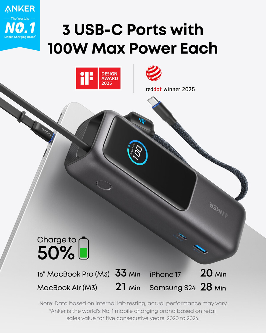 anker laptop powerbank 25 kb 165 w ingebouwde en intrekbare kabels