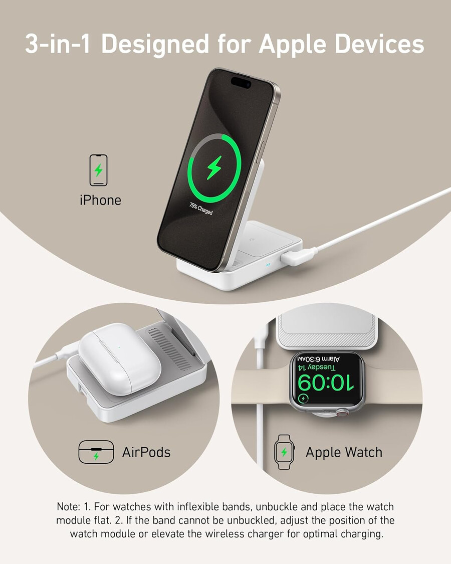 anker maggo draadloos laadstation opvouwbaar 3-in-1 en anker nano reisadapter 5-in-1 20w 1 stuk