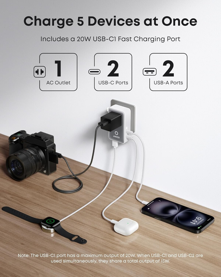 anker maggo draadloos laadstation 3-in-1 opvouwbaar kussen en anker nano reisadapter 5-in-1 20w 1 stuk